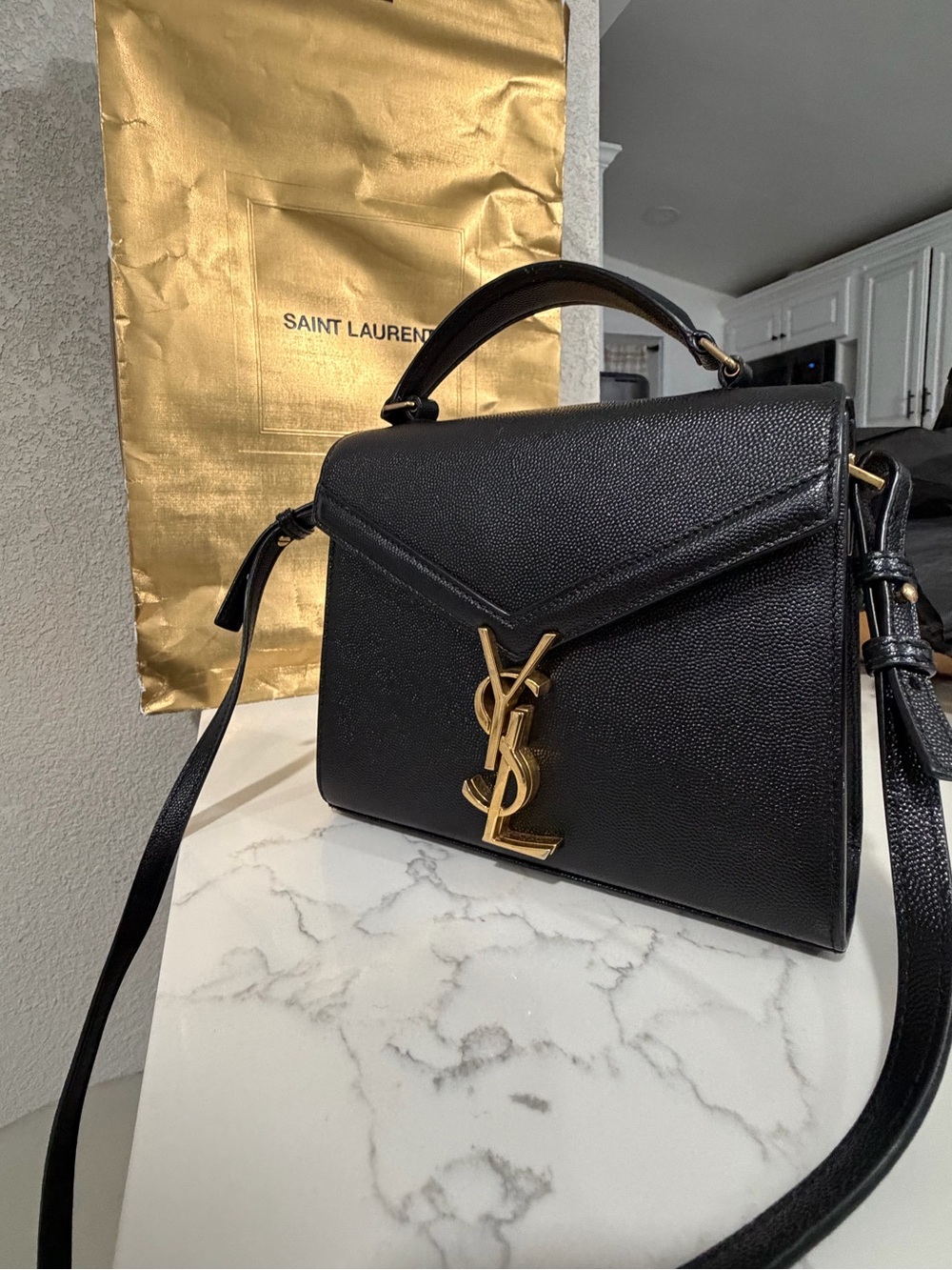 Saint Laurent Black Leather Envelope Top-Handle Bag with Gold YSL Logo